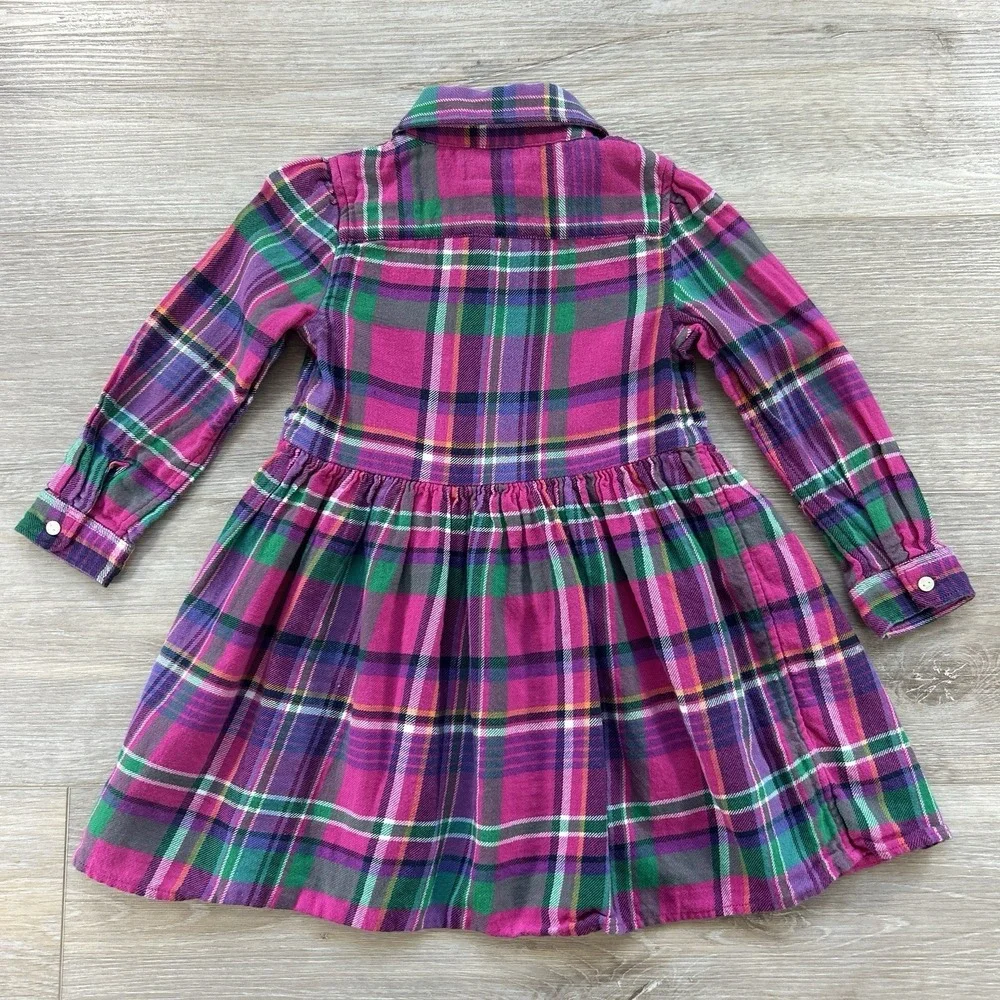 Ralph Lauren 24M Pink‎ Plaid Long Sleeve Shirt Dress Baby Girls Embroidered Pony